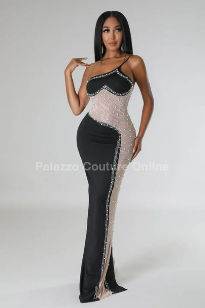 Rasha Black Rhinestone Dress with One-Shoulder Design