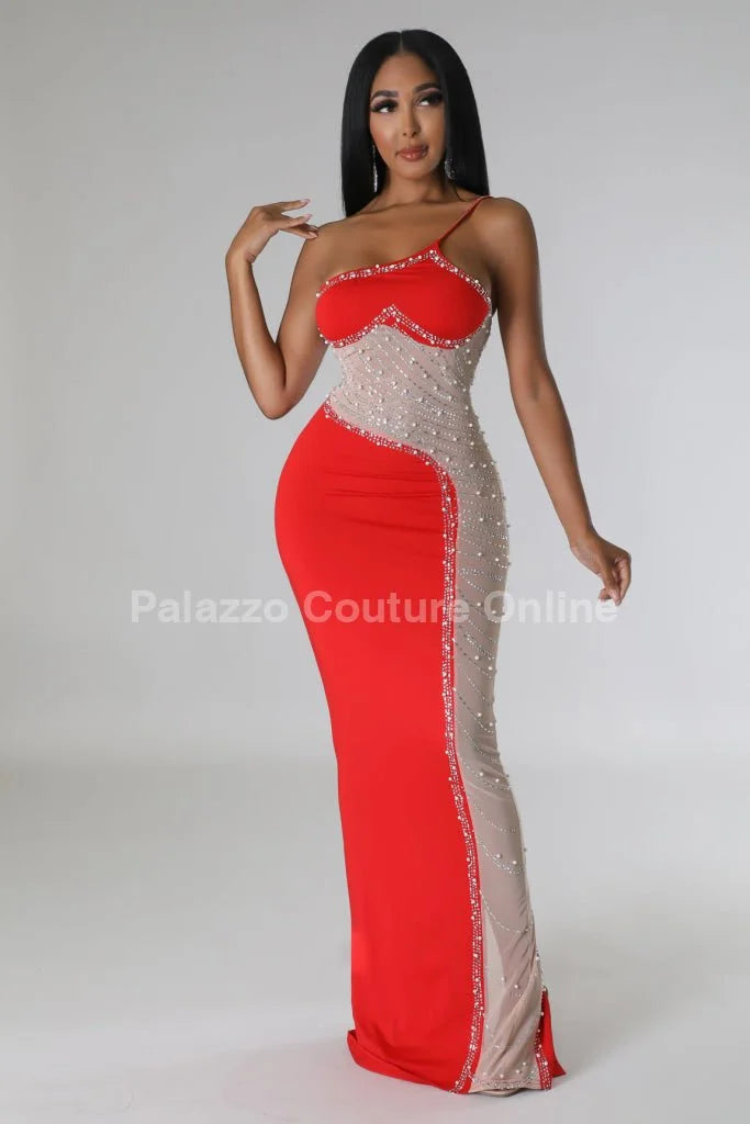 Rasha Red Rhinestone Dress with One-Shoulder Design