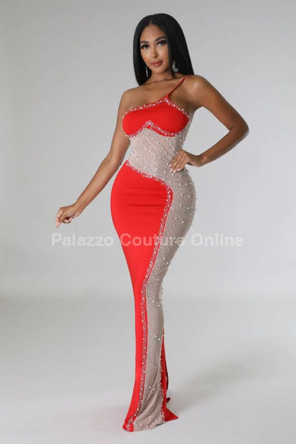 Rasha Red Rhinestone Dress with One-Shoulder Design