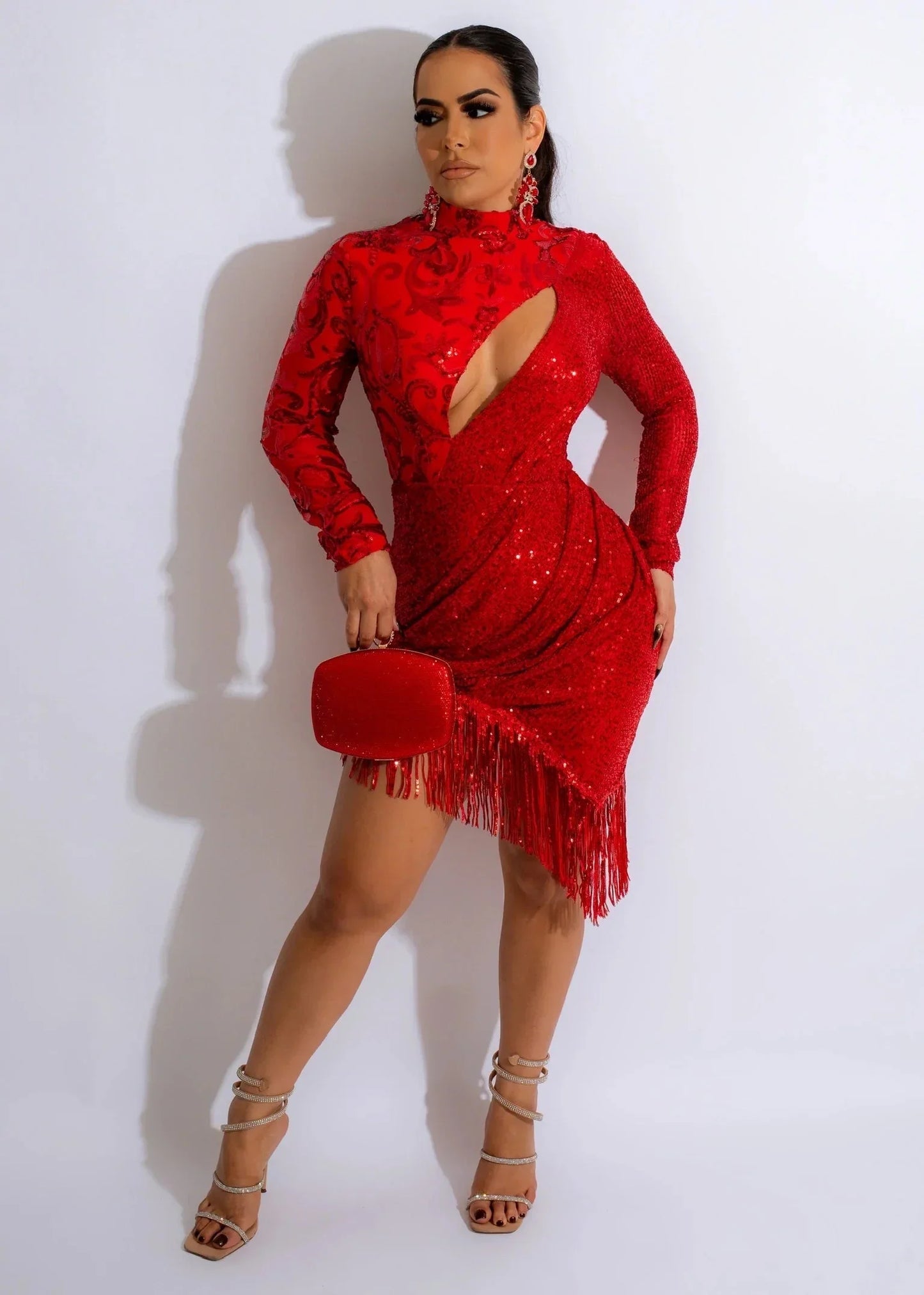 Red Sequin Dress – Bodycon Long Sleeve Mini with Fringe