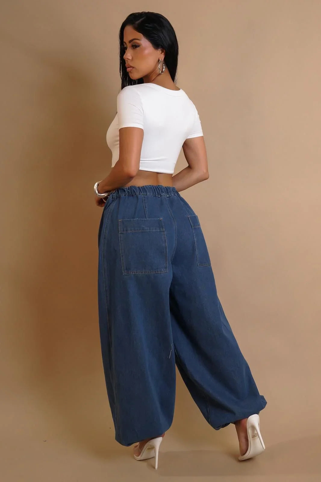 Relaxed Fit Wide-Leg Denim Pants with Elastic Waist