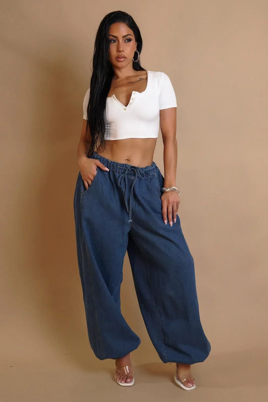 Relaxed Fit Wide-Leg Denim Pants with Elastic Waist