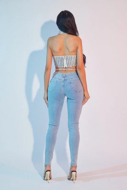 Rhianna Cut out Crystal Cascade  - Light Blue Denim
