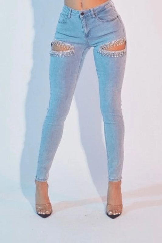 Rhianna Cut out Crystal Cascade  - Light Blue Denim