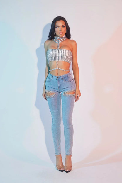 Rhianna Cut out Crystal Cascade  - Light Blue Denim