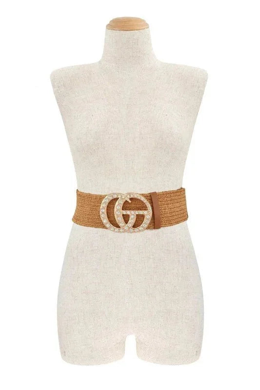 Rhinestone GO Charm Elastic Belt (Cognac)
