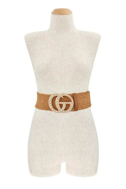 Rhinestone GO Charm Elastic Belt (Cognac)