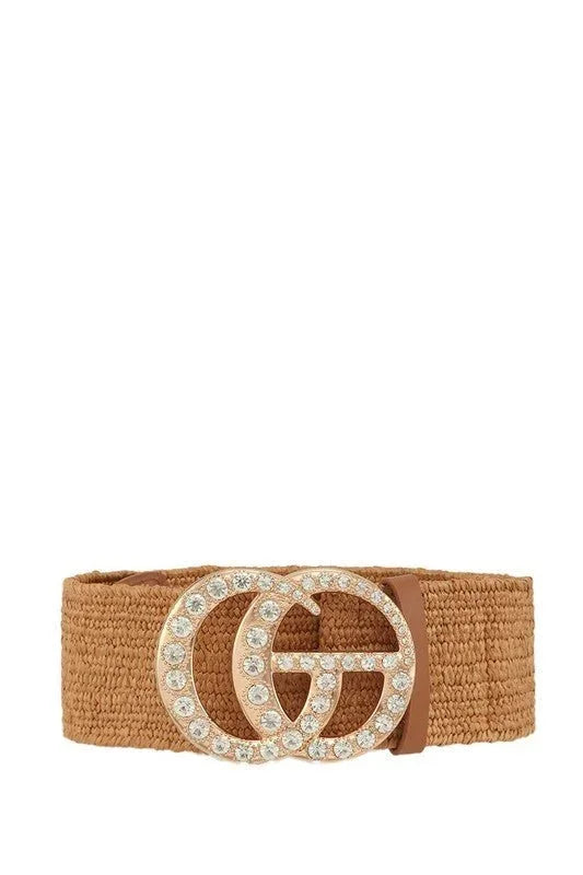 Rhinestone GO Charm Elastic Belt (Cognac)