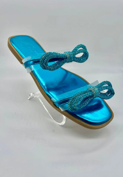 Rhinestone Double Bow Clear Strap Sandals (Turquoise)