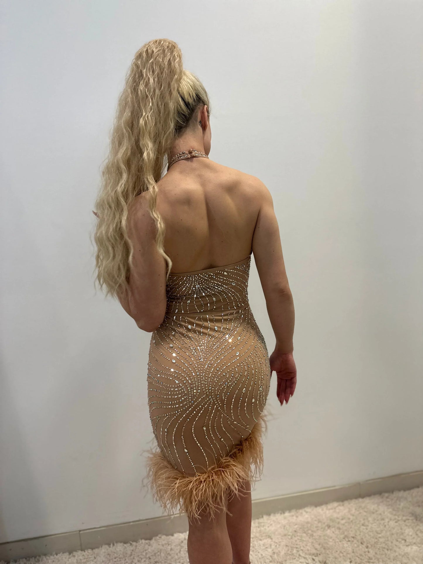 Rhinestone Feather Hem Nude Mini Dress – Bodycon Glam