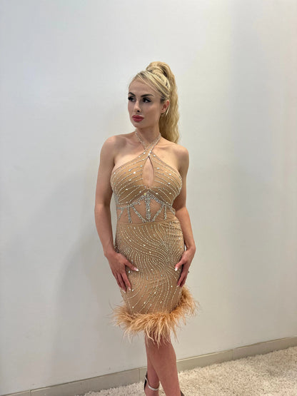 Rhinestone Feather Hem Nude Mini Dress – Bodycon Glam