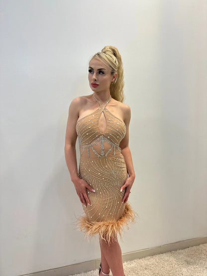 Rhinestone Feather Hem Nude Mini Dress – Bodycon Glam