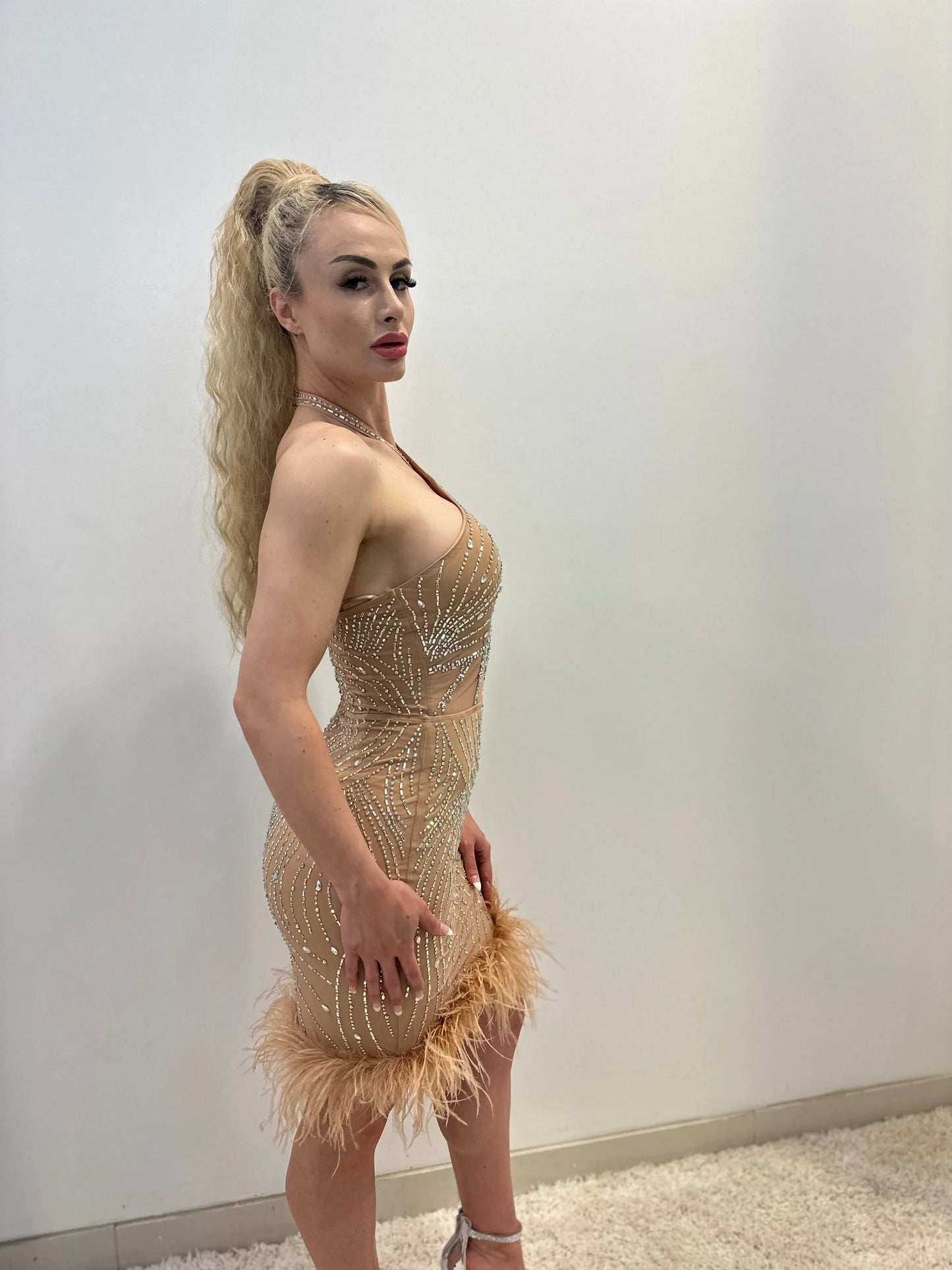 Rhinestone Feather Hem Nude Mini Dress – Bodycon Glam