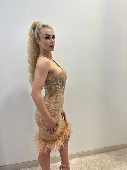 Rhinestone Feather Hem Nude Mini Dress – Bodycon Glam