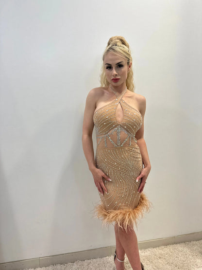 Rhinestone Feather Hem Nude Mini Dress – Bodycon Glam