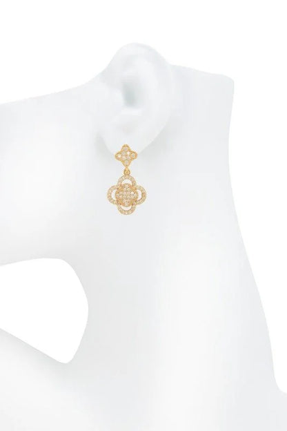 Rhinestone Pavé Quatrefoil Earrings – Gold Clover Drop Design