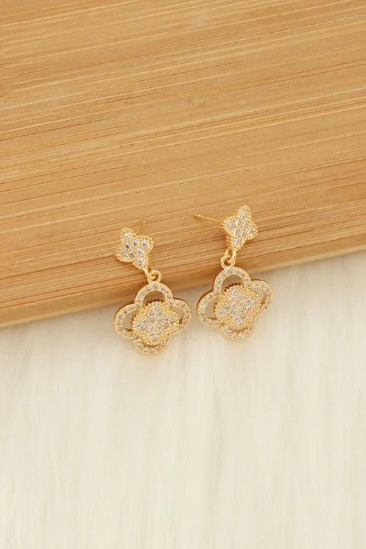 Rhinestone Pavé Quatrefoil Earrings – Gold Clover Drop Design