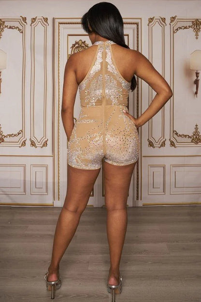 Rhinestone Romper Choker Neck in Nude with Sheer Mesh