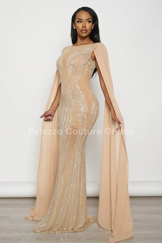 Rhinestone Wide Cape Sleeve Cape Evening Gown (Nude)
