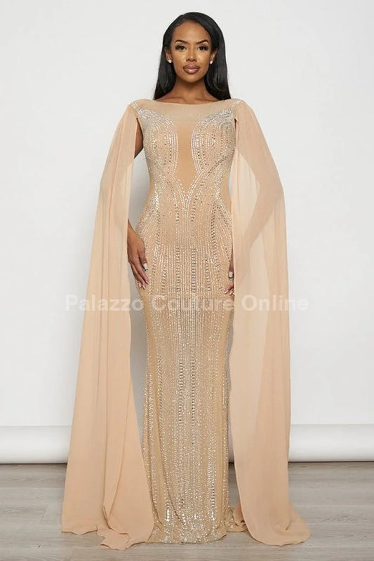 Rhinestone Wide Cape Sleeve Cape Evening Gown (Nude)