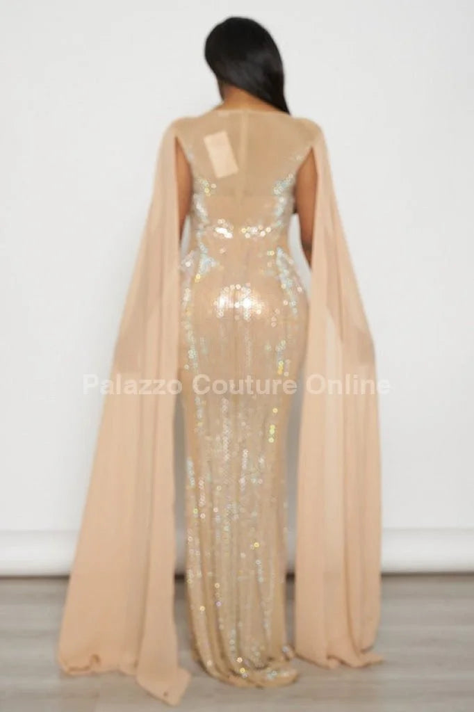 Rhinestone Wide Cape Sleeve Cape Evening Gown (Nude)