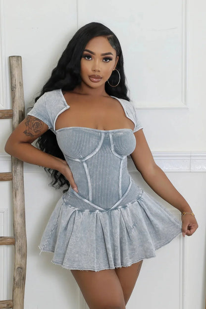 Ribbed Fitted Flare Mini Dress (Cement)