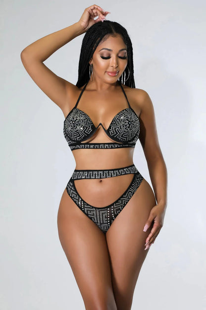 Rich Baby Black Bikini Set with Rhinestone Detail