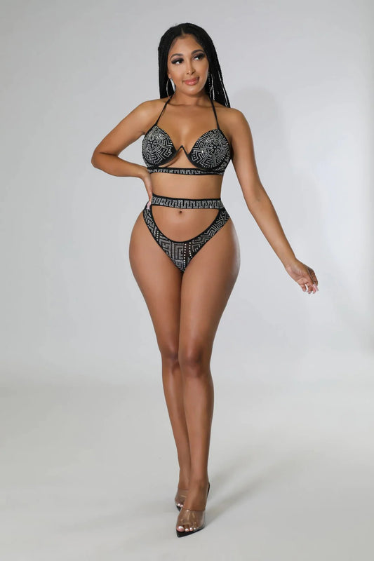 Rich Baby Black Bikini Set with Rhinestone Detail