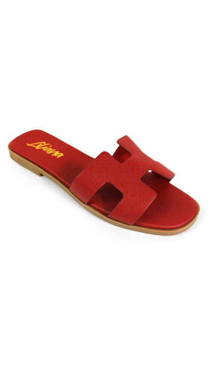 Moonlight Chic Silver Slide Sandals with H Cut-Out Design Marroon