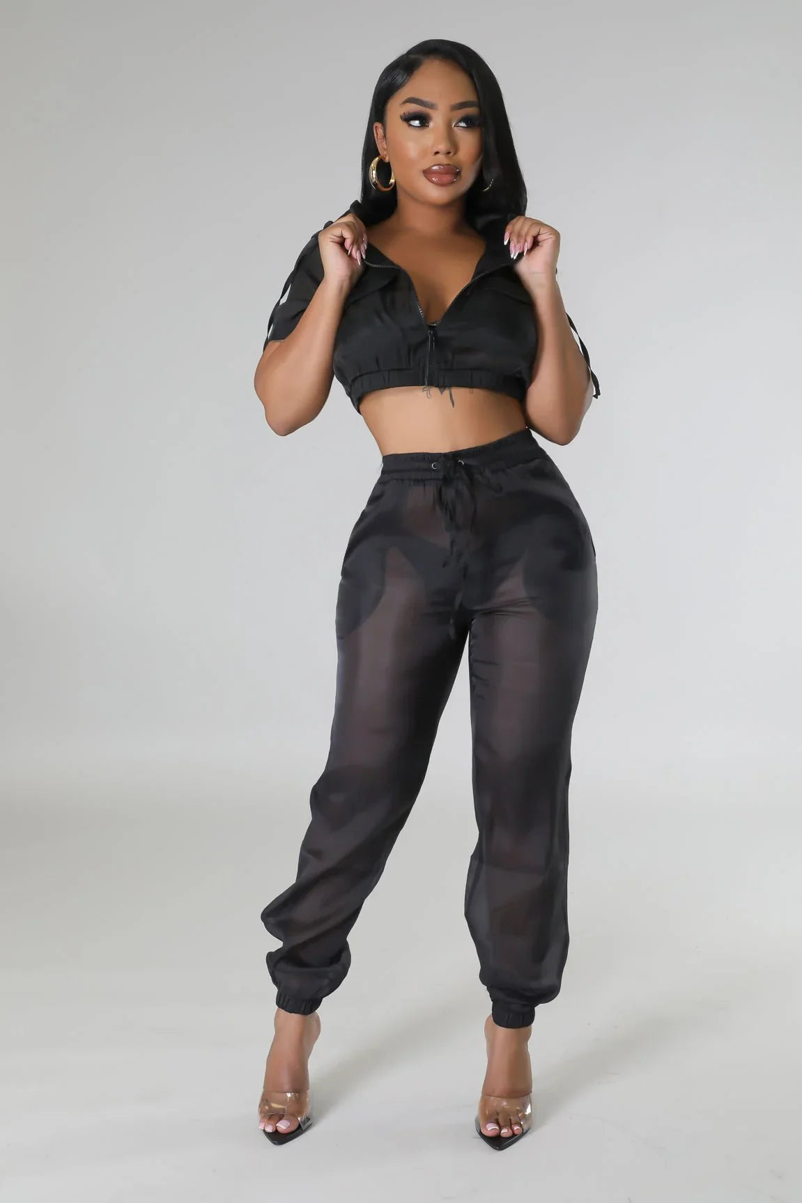 Rosaley Sheer Pant Set (Black) – Cropped Hoodie & High-Waist Pants