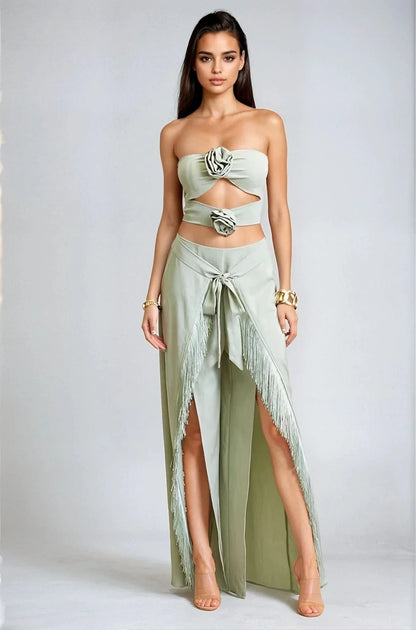 Rose Fringe Cut-Out Pant Set - Sage