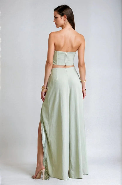 Rose Fringe Cut-Out Pant Set - Sage