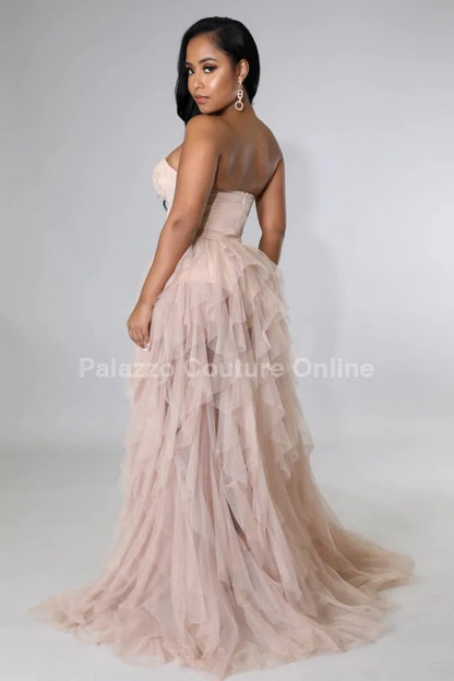 Royal Queen Nude Maxi Dress with Corset Lace Detail