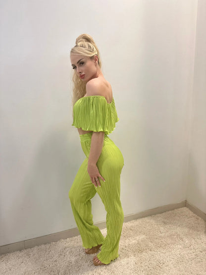 Summer Breeze Green Pant Set – Pleated Off-Shoulder Two-Piece
