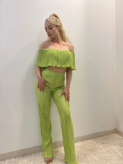 Summer Breeze Green Pant Set – Pleated Off-Shoulder Two-Piece