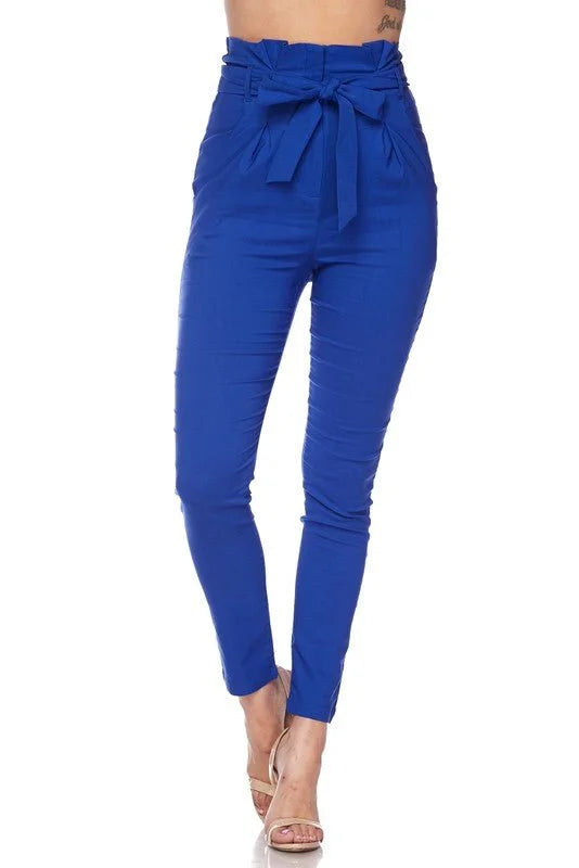 Rylee Royal Blue Pants – High Waist Tie Belt Skinny Fit