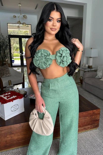 Sahara Flowers Pant Set - Sage Green