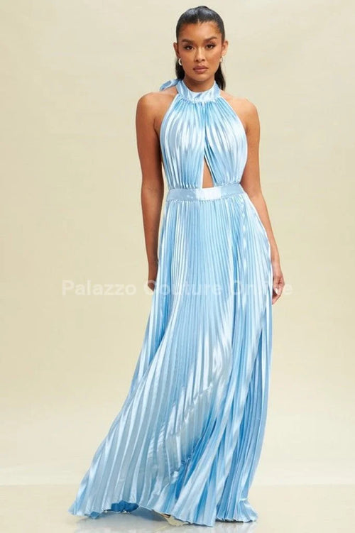 Satin Pleated Halter Maxi Dress (Lt Blue)