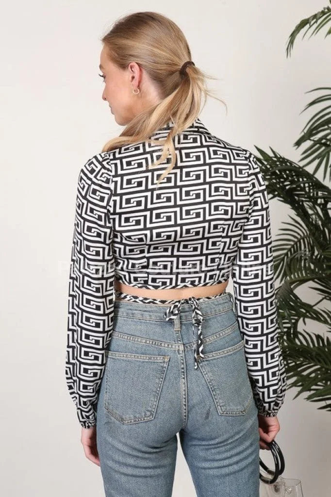 Satin Wrap Top Print Ivory with Long Sleeves and Self-Tie Detail