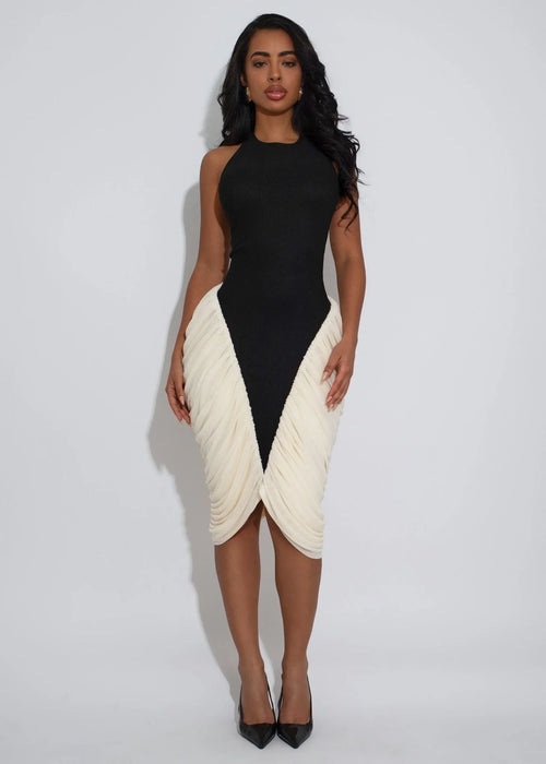 Sculpted Grace Ruched Midi Dress with High Neck Contrast Detail
