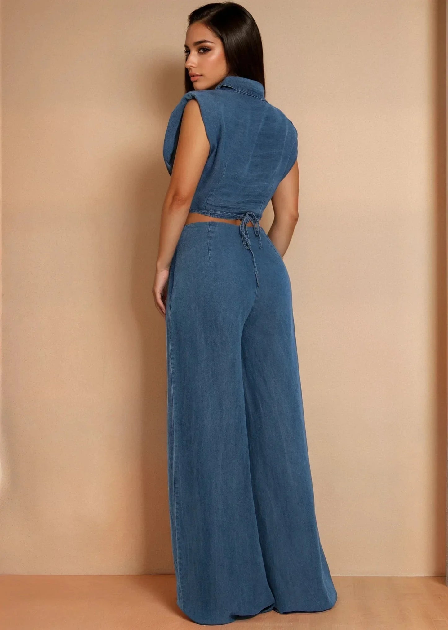 Sculpted Wrap Denim Pant Set - Denim