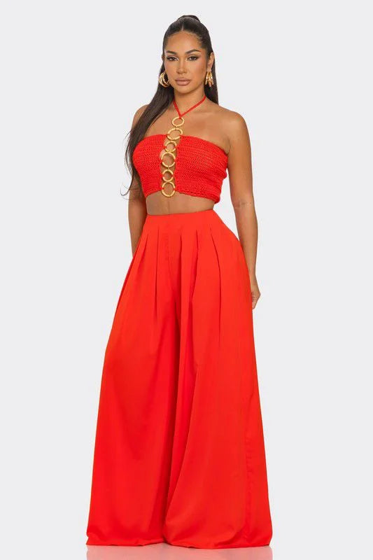 Sea Goddess 2PC Halter and Wide Leg Pant Set Orange