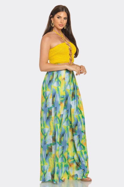 Sea Goddess 2PC Halter and Wide Leg Pant Set Yellow Multi