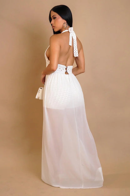 Seaside Blossom Crochet Chiffon Shorts Set – White