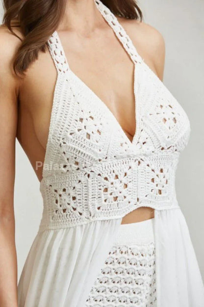 Seaside Blossom Crochet Chiffon Shorts Set – White