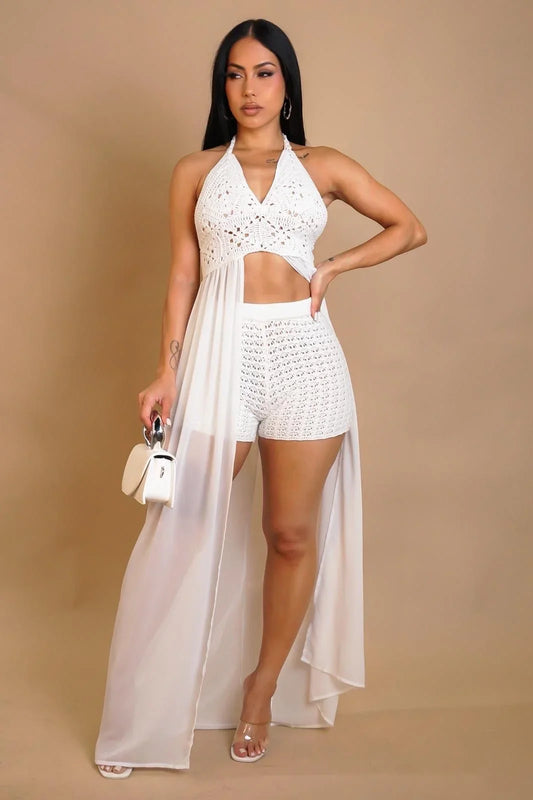 Seaside Blossom Crochet Chiffon Shorts Set – White