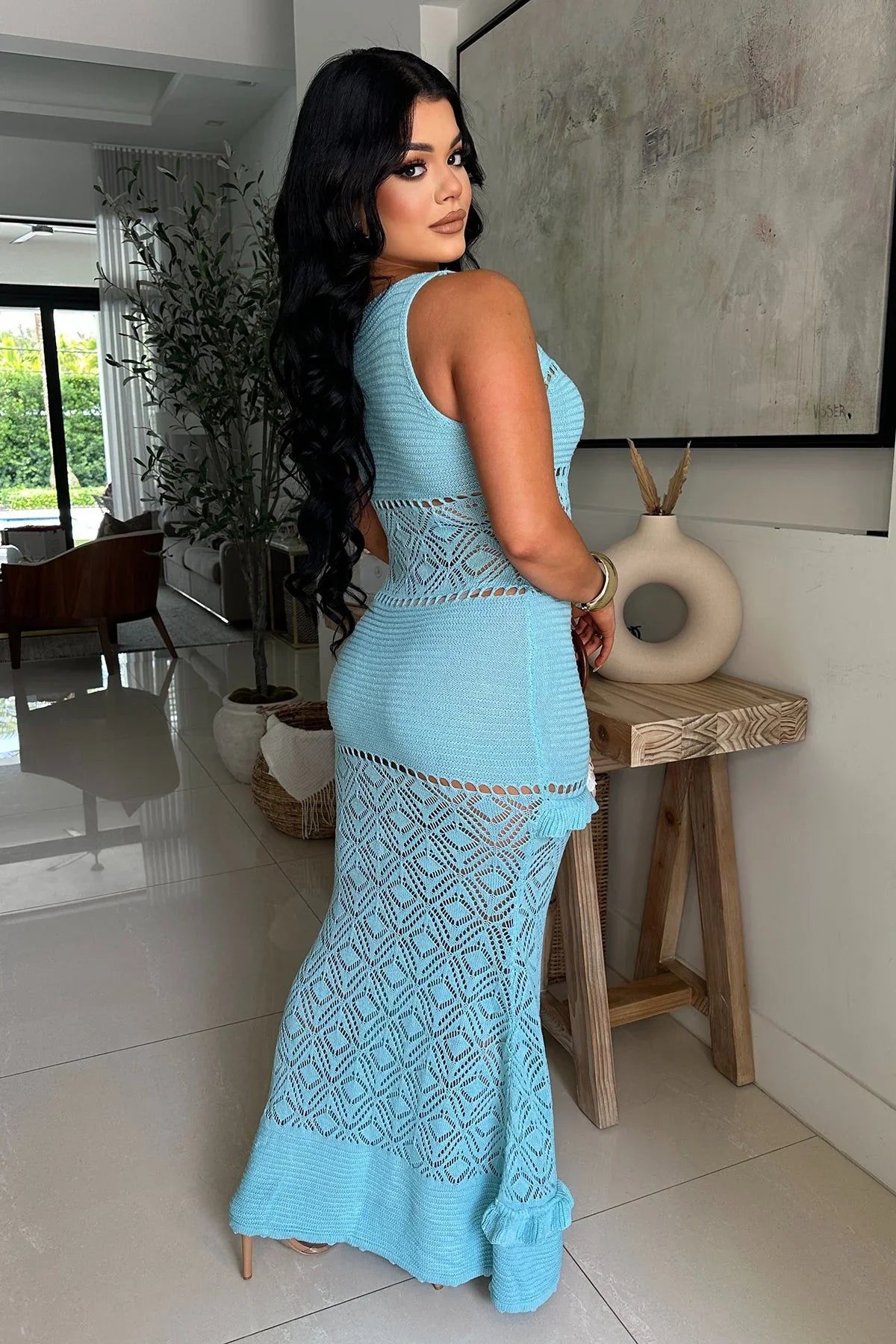 Seaside Serenity Crochet Maxi Dress - Baby Blue
