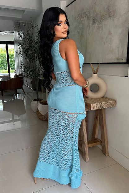 Seaside Serenity Crochet Maxi Dress - Baby Blue