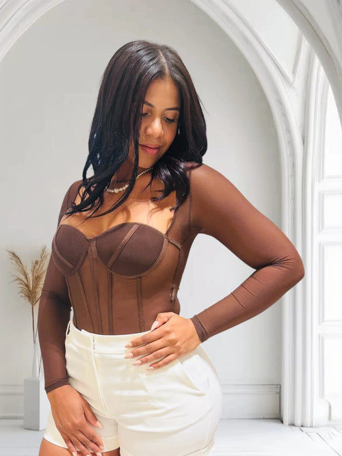 Seductress Mesh Corset Top - Brown