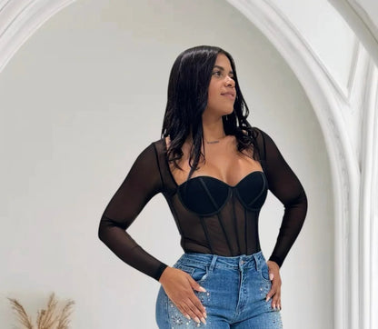 Seductress Mesh Corset Top - Black